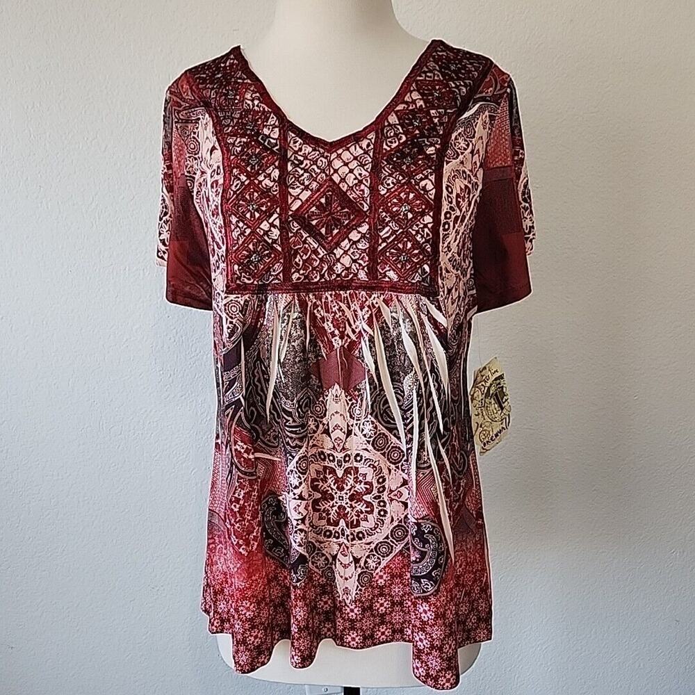 One World Women Sm Tunic Top Red Rhinestones Flutter‎ Sleeve Artsy Y2K Boho
